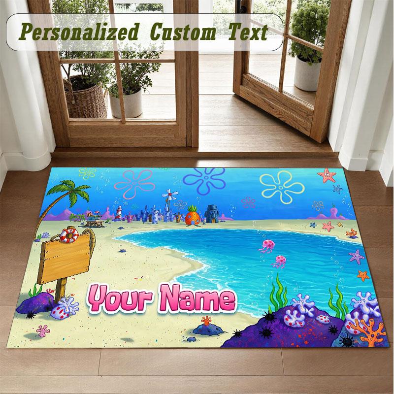 Crystal Velvet Square Rug Custom NameSpongeBob Pattern Non Slip Home Floor Decor Rug