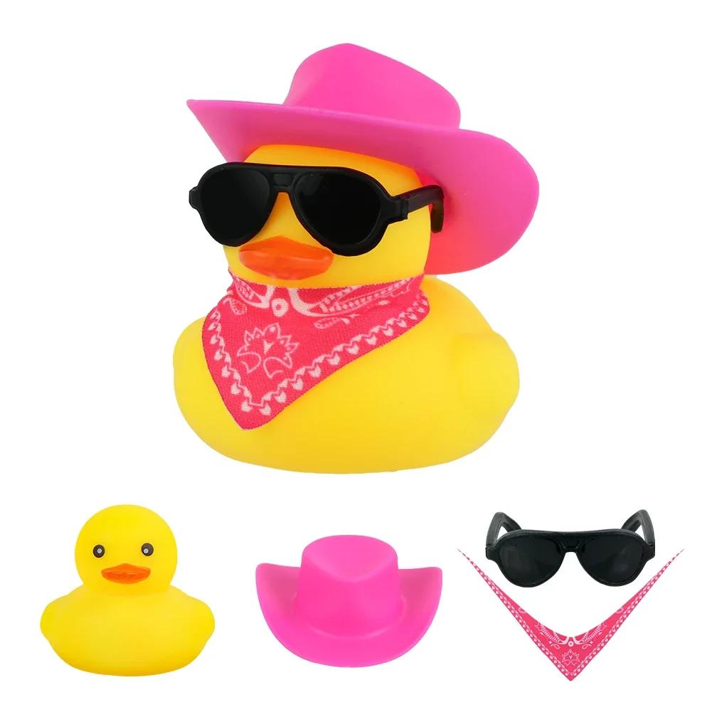 Rubber Duck with Swim Ring Hat Scarf Glasses for Car Dashboard Squeaky Duck Bath Toy Yellow Duck Car Accessories Decorations