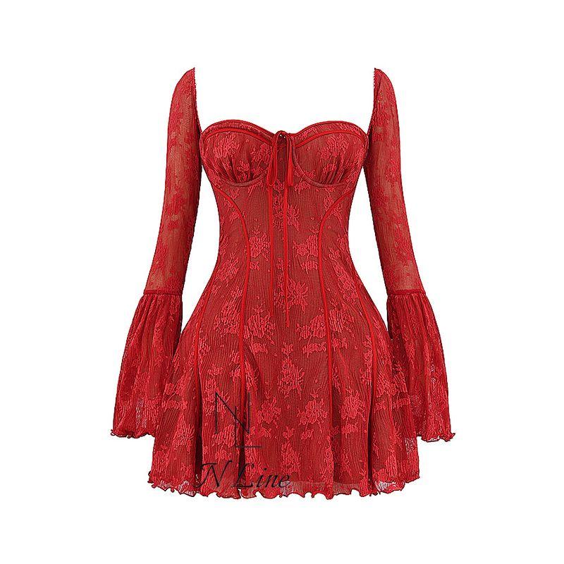 

Fashion Direct Mining House of CB Early Spring Style Gorgeous Retro Cream Color Ruched Lace Waist Girdle Dress Short red XS