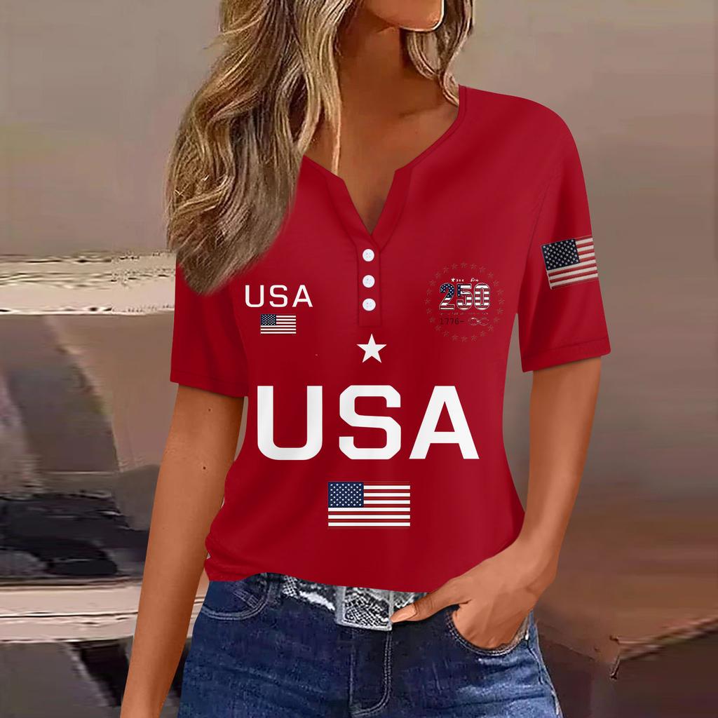 Damen-T-Shirt mit Aufdruck „Unabhängigkeitstag“ und Knopfleiste, kurzärmelig, für den Alltag und das Wochenende, modisch, Basic, V-Ausschnitt, normales Oberteil