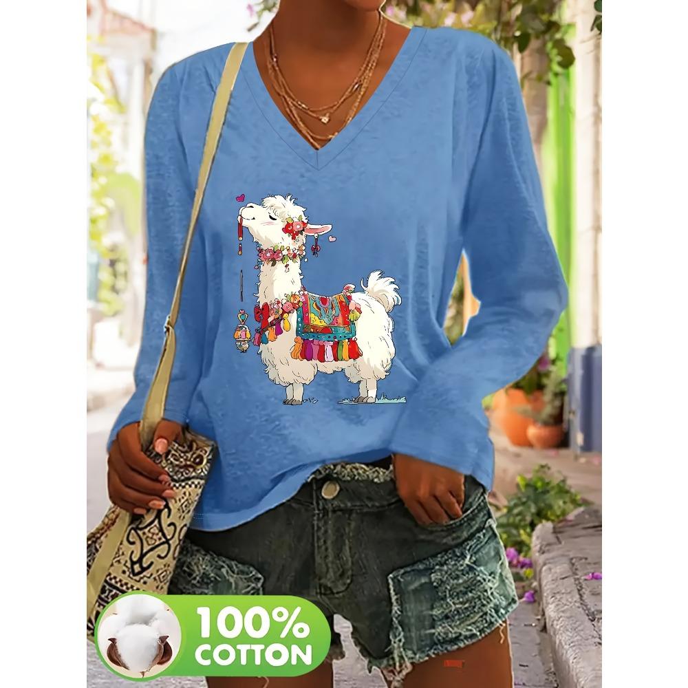Plus size T-shirt V-neck long-sleeved women's casual fashion, spring and autumn bottoming top, letter cartoon print