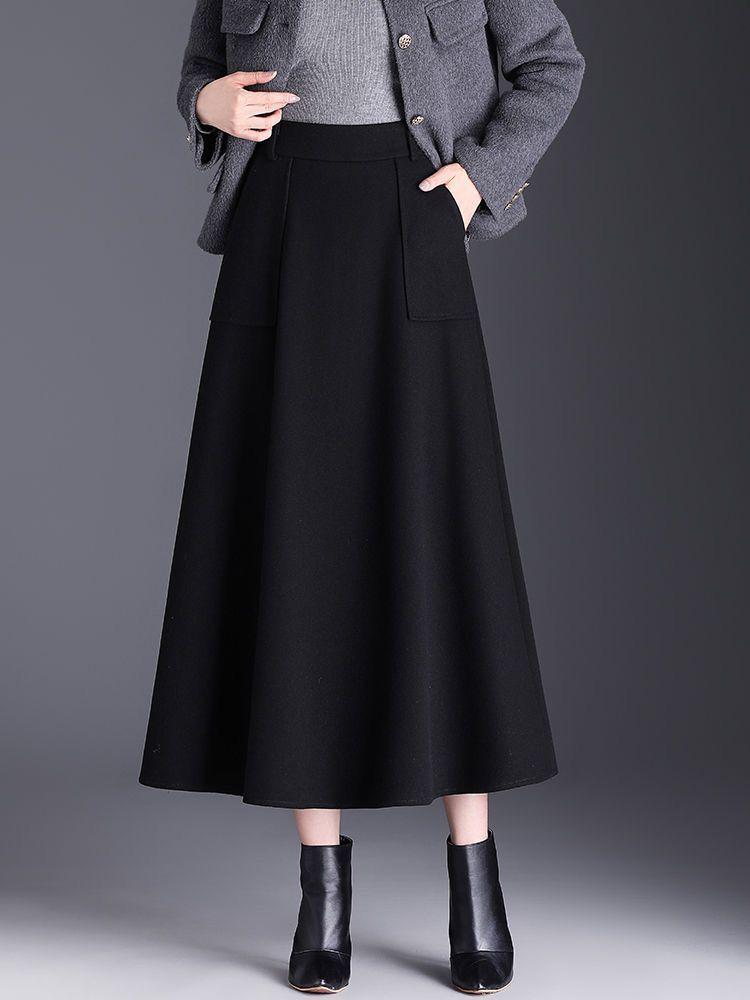 High-Waisted Wool A-Line Midi Skirt with Pockets for Autumn and Winter