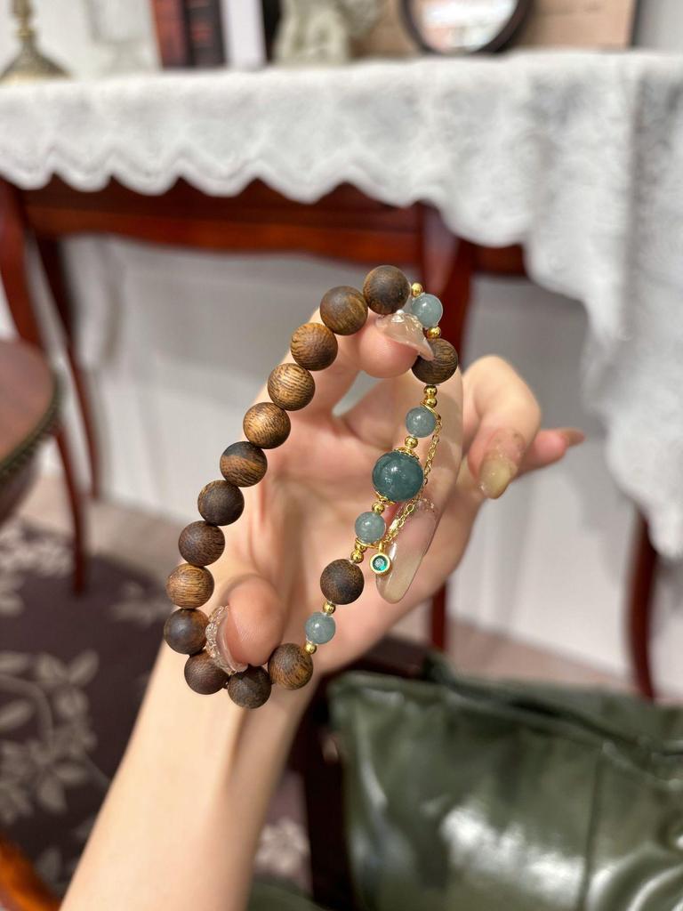 Hainan Agarwood & Jade Bead Bracelet - 8mm High-Quality Wenwan Design