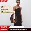 European and American Style Slanted Shoulder Splicing Suspender Dress, High-end Drape Waist and Thin Holiday Style Temperament Off-the-shoulder Dress