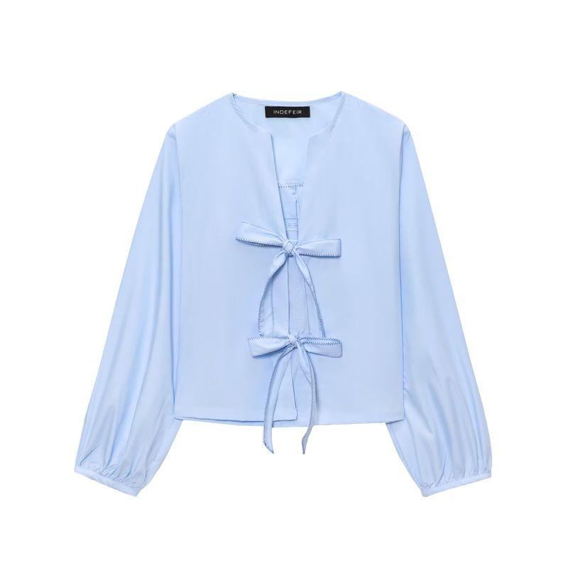 Kaslead New Women Clothes Western Style Fashion Bowknot Decoration Stripe Poplin Shirts 0387058