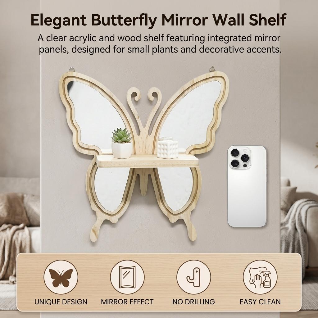 Acrylic Butterfly Wall Hanging Planter Shelf Wooden-Craft Home Decoration