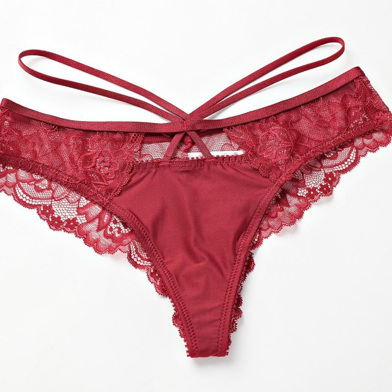 Women Sexy Low Waist Floral Lace Strappy Triangular Briefs Breathable Comfortable