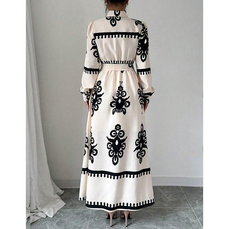 Mote Vintage Langermet Løse Hverdagskjoler Dame Knapper Revers A-linje Trykket Skjortekjole Dame Høy midje Snøring Lang Kjole Vår Ny 25892