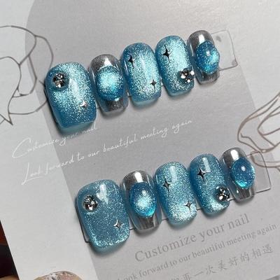 HANDMADE Artificial Nail Blue Magic Starry Sky Cat's Eye Phototherapy Nails Fake Nails Reusable and Removable Nails