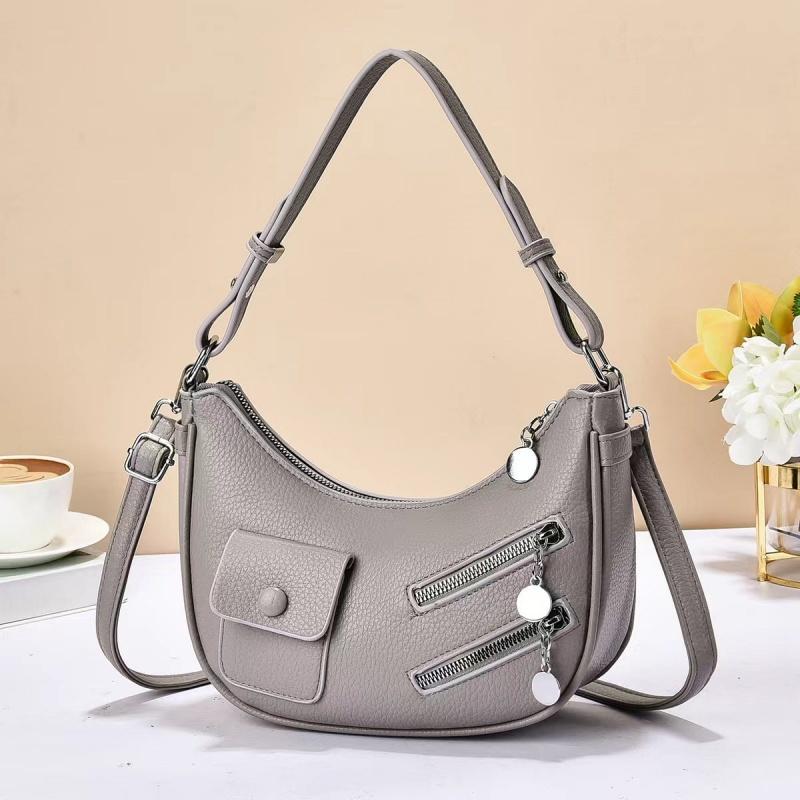 Fashionable Crescent Shoulder Bag with Multiple Zippers and Pocket Details Simple Crossbody Bag Solid Color Suitable for Daily Shopping