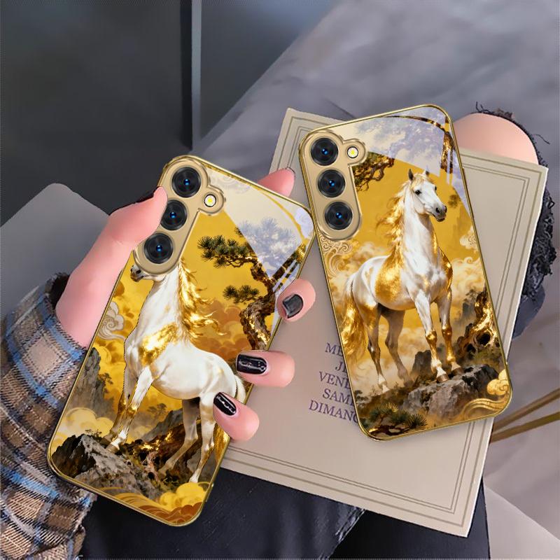 tall and sturdy horse For Samsung Galaxy S26 S20 FE S21 S22 S23 Plus S24 Ultra S25Ultra S21+ S22Plus Golden glass phone case