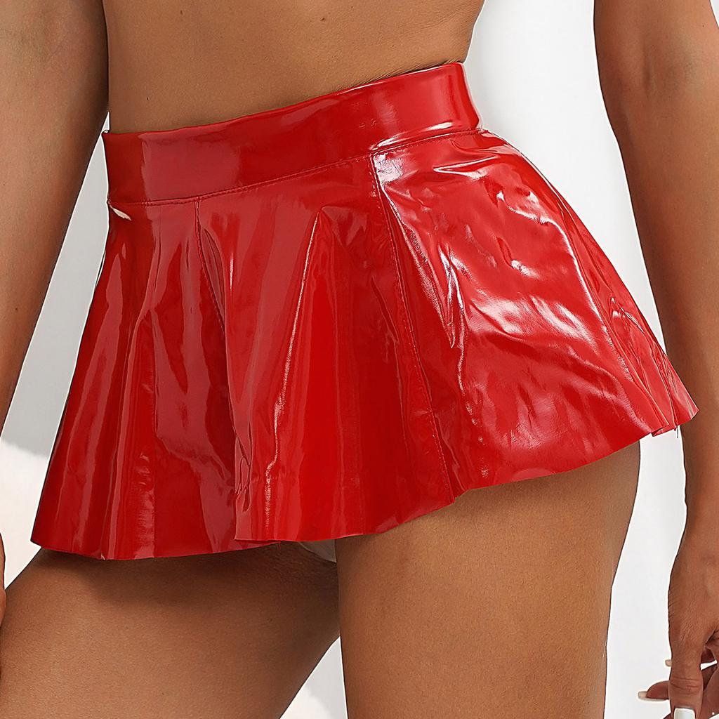 Womens Glossy Patent Leather Flared Mini Skirt Rave Party Skirts