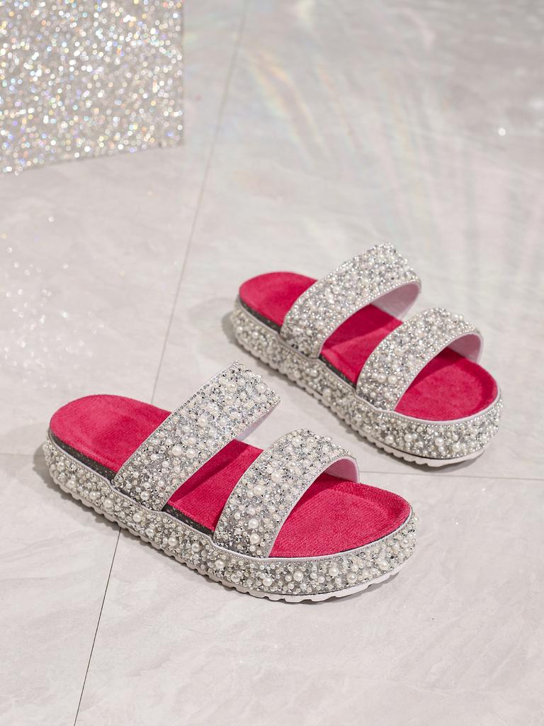 Fashion String Bead Slippers Women Summer Slides Female Shoes Platform Fashion Low 2025 Beach Luxury PVC Rome Fabric PU Hoof Heels Scand