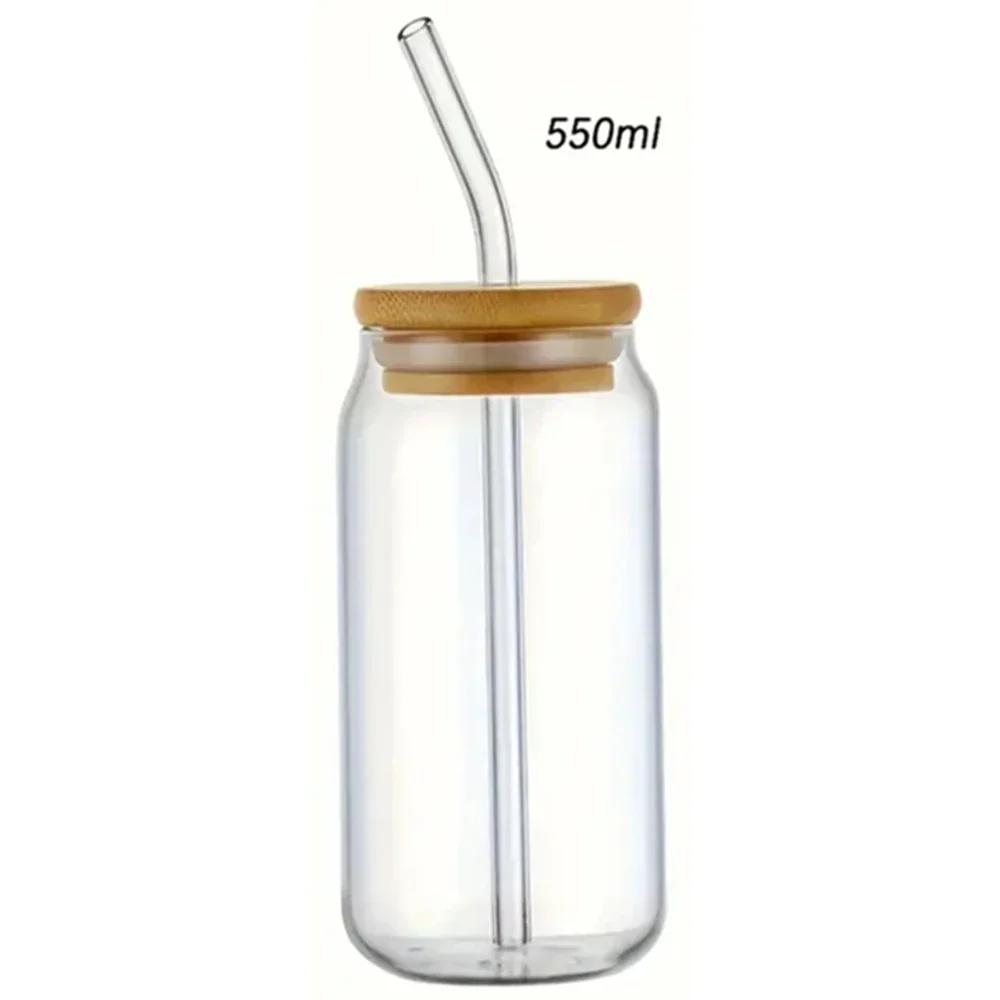 350ml/550ml Glass Cups with Bamboo Lids and Straw 1pc Mason Jars Coffee Mug Beer Can Shaped for Cocktail Whiskey Milk Juice Cola