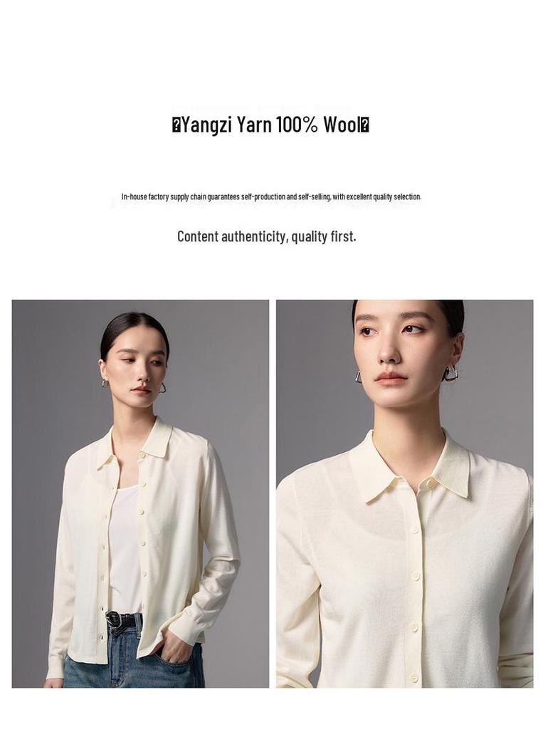 Women's High-End 48s Yangzi Fine Wool Cardigan, Solid Color, POLO Lapel Knit Jacket, Casual Spring/Autumn Style.