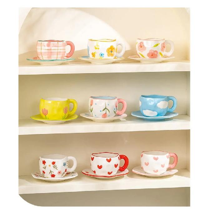 12 Styles Creative Cute Ceramic Mug Espresso Coffee Cup with Saucer Hand Pinched Irregular Flower Clouds Breakfast Milk Tea Cups