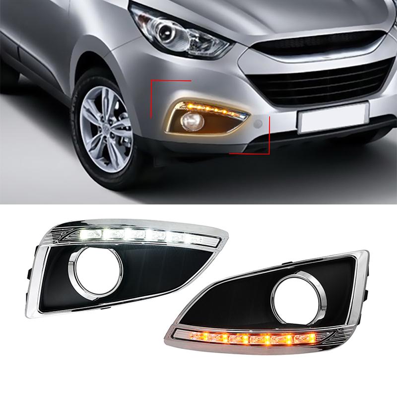 

1 пара автомобильных светодиодных DRL для Hyundai IX35 2010 2011 2012 2013, автомобильный Стайлинг, дневные ходовые огни с отверстием для противотуманной фары, указатель поворота