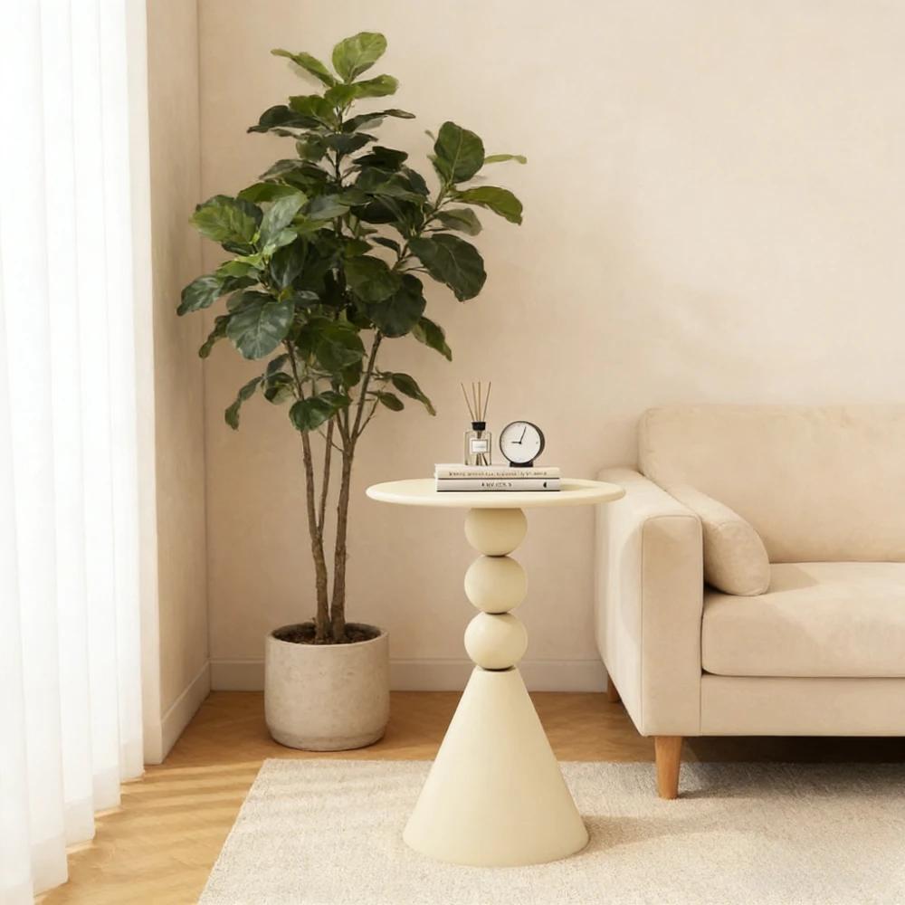 Scandinavian Style Wrought Iron Round Table - Cream White Accent Table for Living Room or Sofa Side, Minimalist & Modern