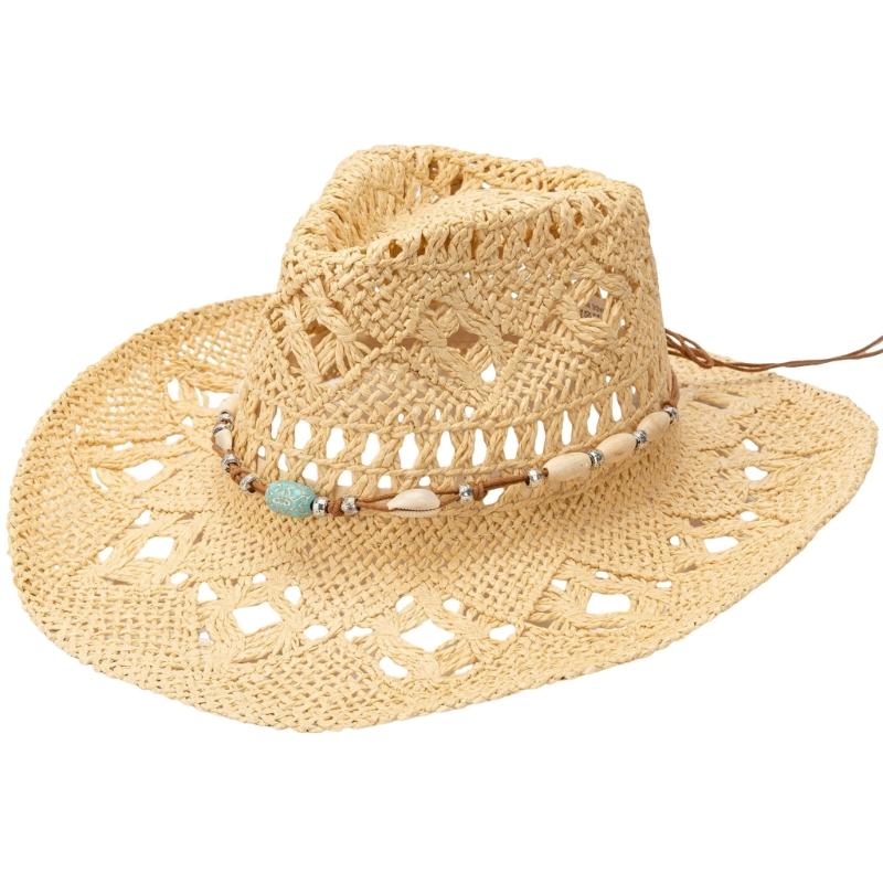 Handmade Sun Hat Hollowout Sun Protective Hat Wide Brims Hat with Bead Band Vacation Sun Straw Hat Photography Headpiece