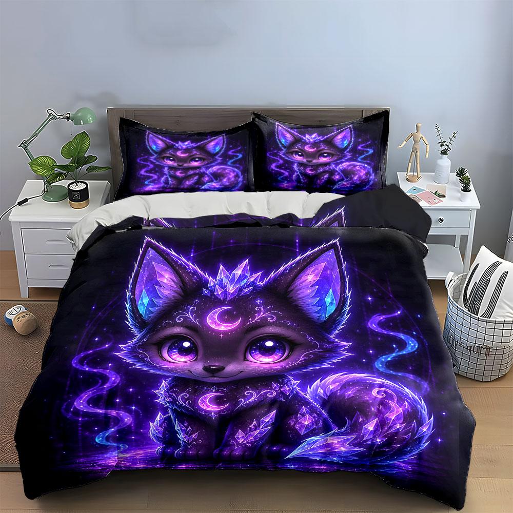 Magical Purple Fox Design Bedding Duvet Cover Set (1*Duvet Cover 2*Pillowcases, Without Duvet Insert)