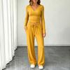 Women's V Neck Casual Short Sleeve Top and Wide Leg Pants Two Piece Set with Pleated