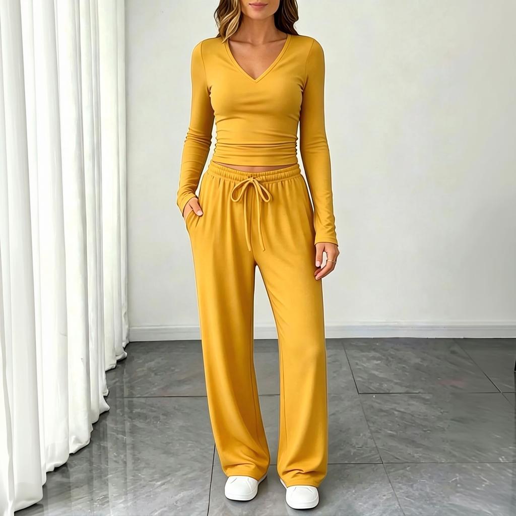 Women's V Neck Casual Short Sleeve Top and Wide Leg Pants Two Piece Set with Pleated