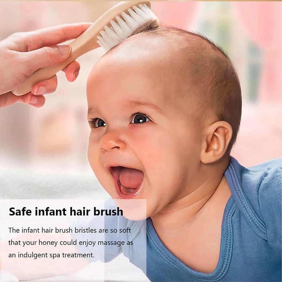 Conjunto de 2 peças de pentes para bebês, escova de cabelo para cuidados com o bebê, pente de lã macia de faia, massageador para recém-nascidos, chá de bebê e presente, calmante para cabelos de bebês