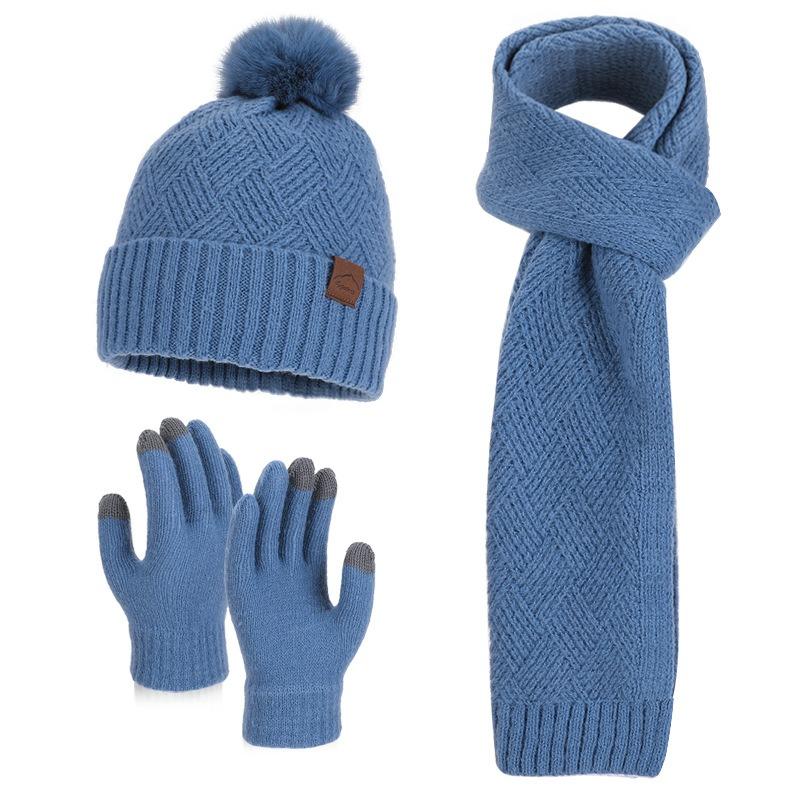 Winter Korean Style Fashion Knitted Wool Hat for Women Warm Hat Scarf and Gloves Three-Piece Set with Ear Protection Beanie