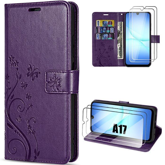 Coque de Protection - BOOLING - Samsung Galaxy A17 5G/4G - Cuir PU Papillon Violet Nuit - 2 Vitres