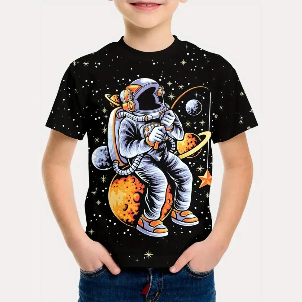 Summer Cartoon Astronaut Round Neck Short Sleeve Pattern T-shirt Fun Children's Clothing Boy's T-shirt