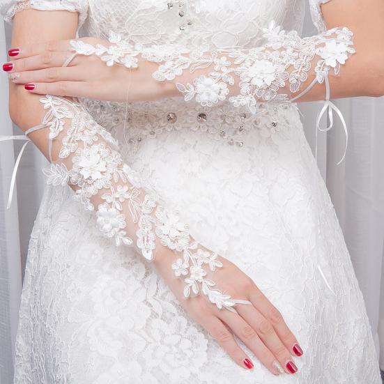 Luvas Longas de Renda Femininas Luvas de Noiva Sem Dedos com Alças para Dedos Pérolas Artificiais Elegantes Acessório de Luvas de Casamento para Chá da Tarde Baile Ópera Noite