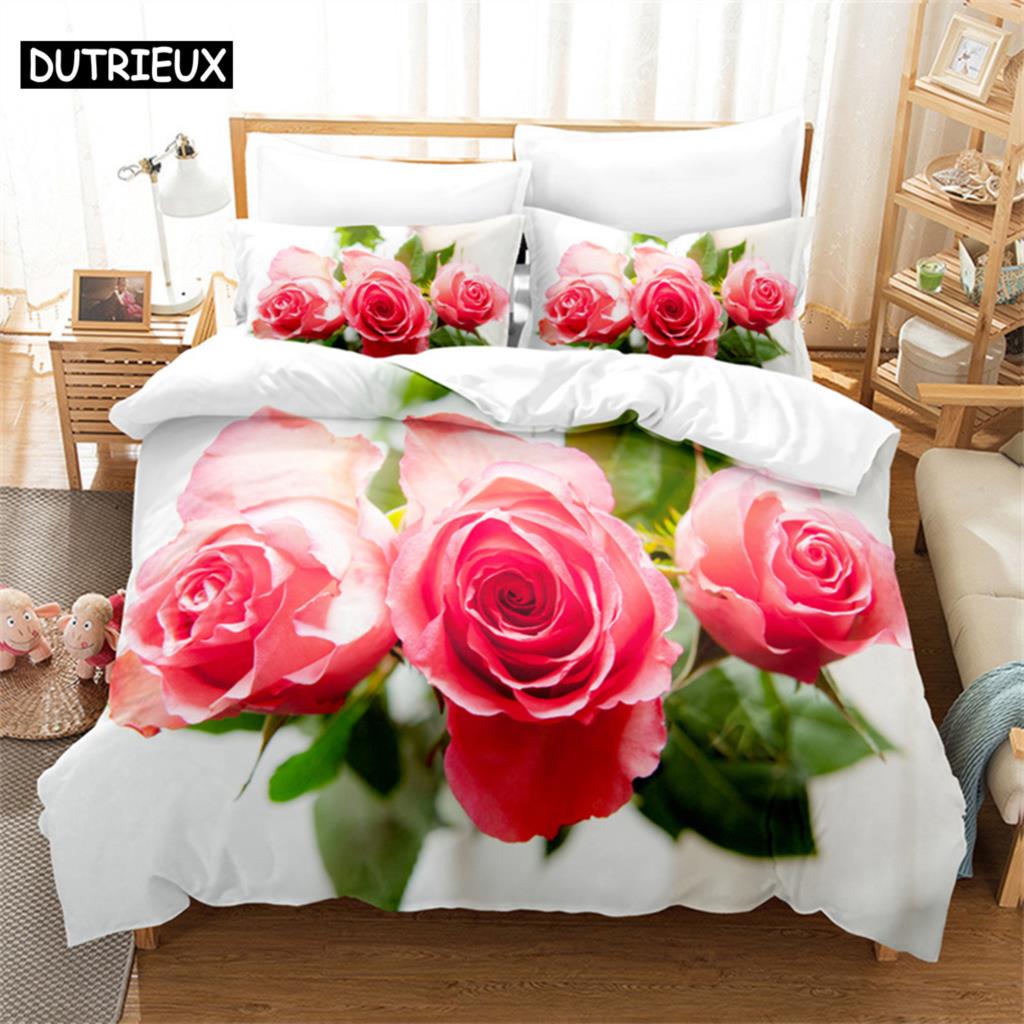 Pink Rose Queen Bedding Set Boys Girls Duvet Cover Bedroom Bed Set Comforter Cover Set King Size Duvet Cover Set Bedding Sets