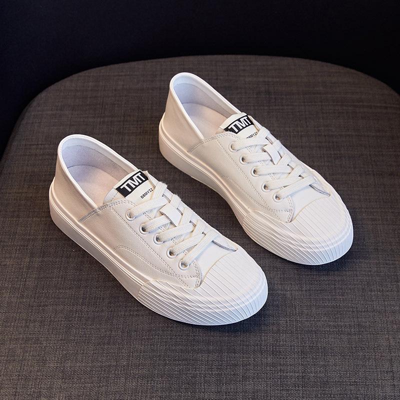 New Flat Shallow Mouth Genuine Leather Small White Women's Shoes Autumn Model Versatile One-Pedal Skateboard Shoes Lace-Up White Shoes