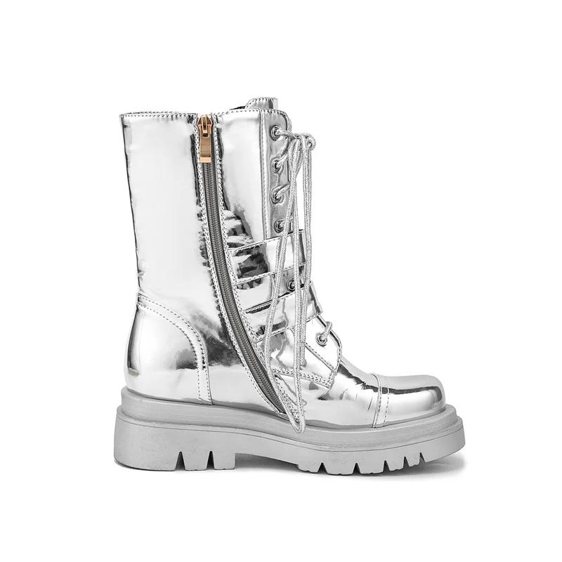 Fashion Silver Belt Buckle Cross Strap Rhinestone Short Boots Casual Motorcycle Thick Sole Knight Boots Women Winter Silver  Boots