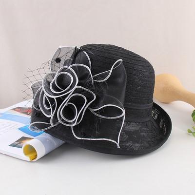 Spring and summer lace mesh hat trendy ladies short brim half curled edge flower pot hat outdoor outing shading bucket hat