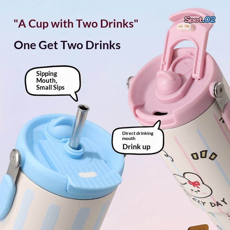 Cartoon Animal Thermos Cup Large Capacity Stylish Portable Straw Cup Outdoor Women's Insulated Coffee Mug