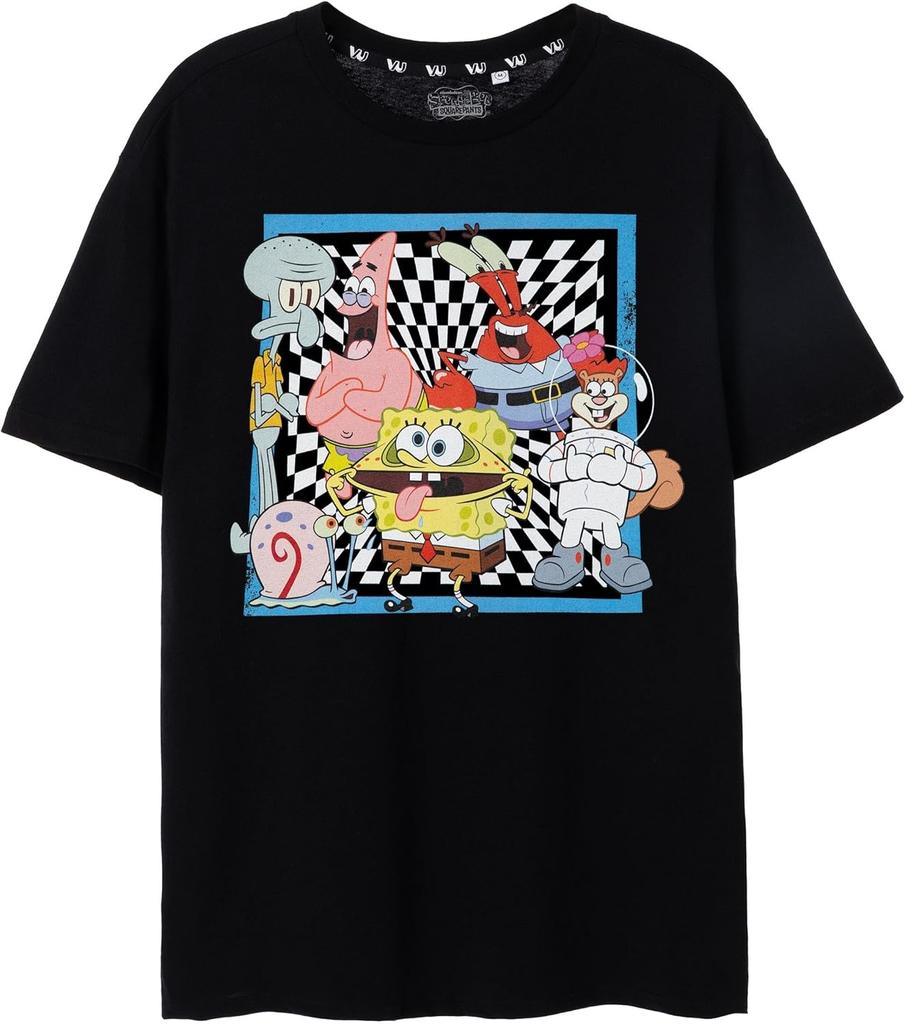 SpongeBob SquarePants Mens Short Sleeve T-Shirt _ Checkerboard Sponge Bob & Friends Black Graphic Tee _ Iconic Cartoon Top