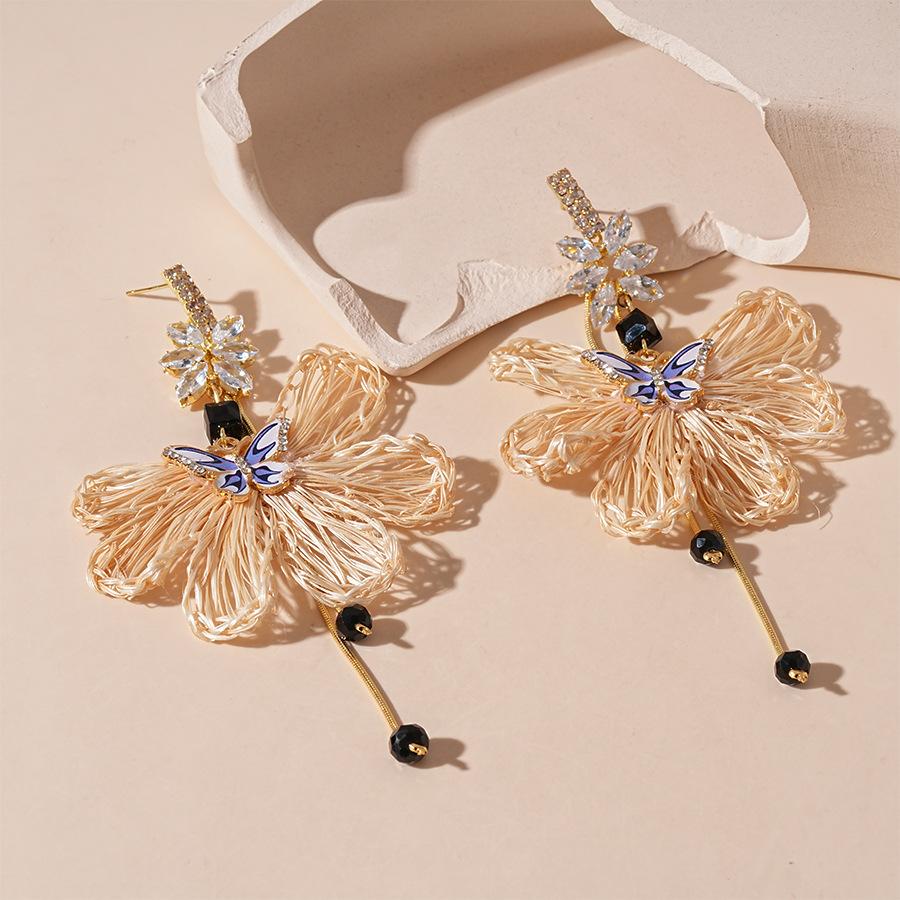 Holiday Wind Diamond Zircon Butterfly Hemp Rope Tassel Silver Needle Earrings Earrings