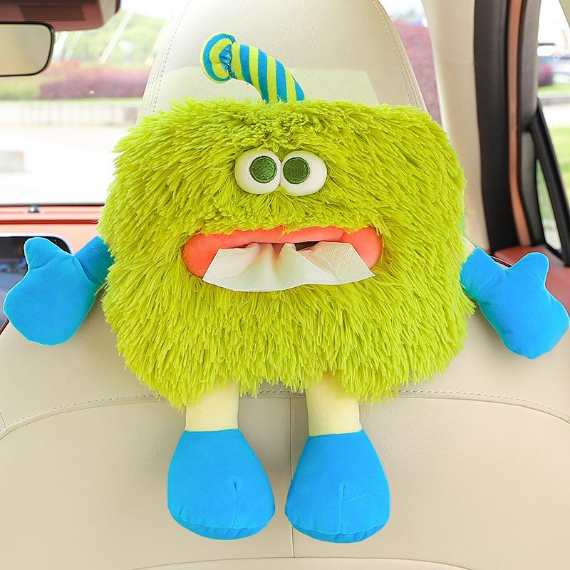 Cute Tissue case Cartoon Plush Little Monster Car Mounted Tissue Box Hanging Drawer Car Back Organizer Soft Tissue Holder