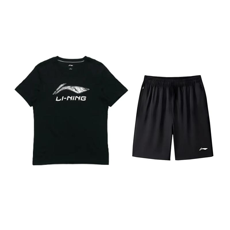 Li Ning Logo Print Round Neck Pullover Short Sleeve T-Shirt Fashion Versatile Loose Comfortable Shorts Casual Sports Set AHSVD53-1+AKSV843-1