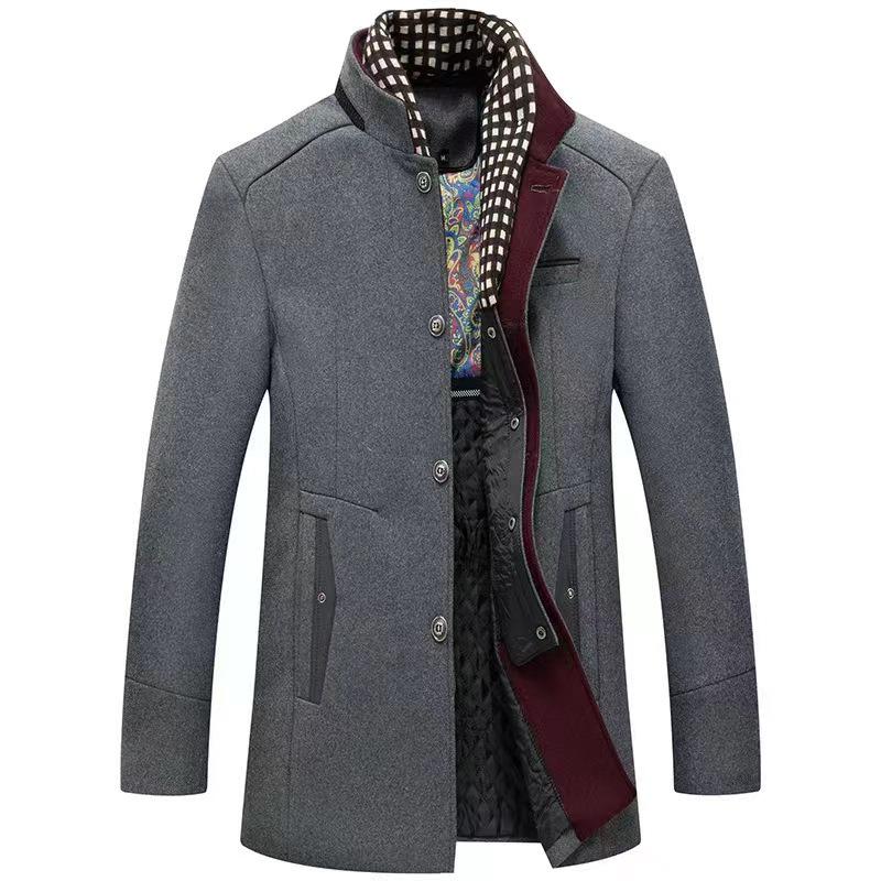 Men's Color-Block Wool Blend Stand-Up Collar Overcoat with Thickened Scarf Collar