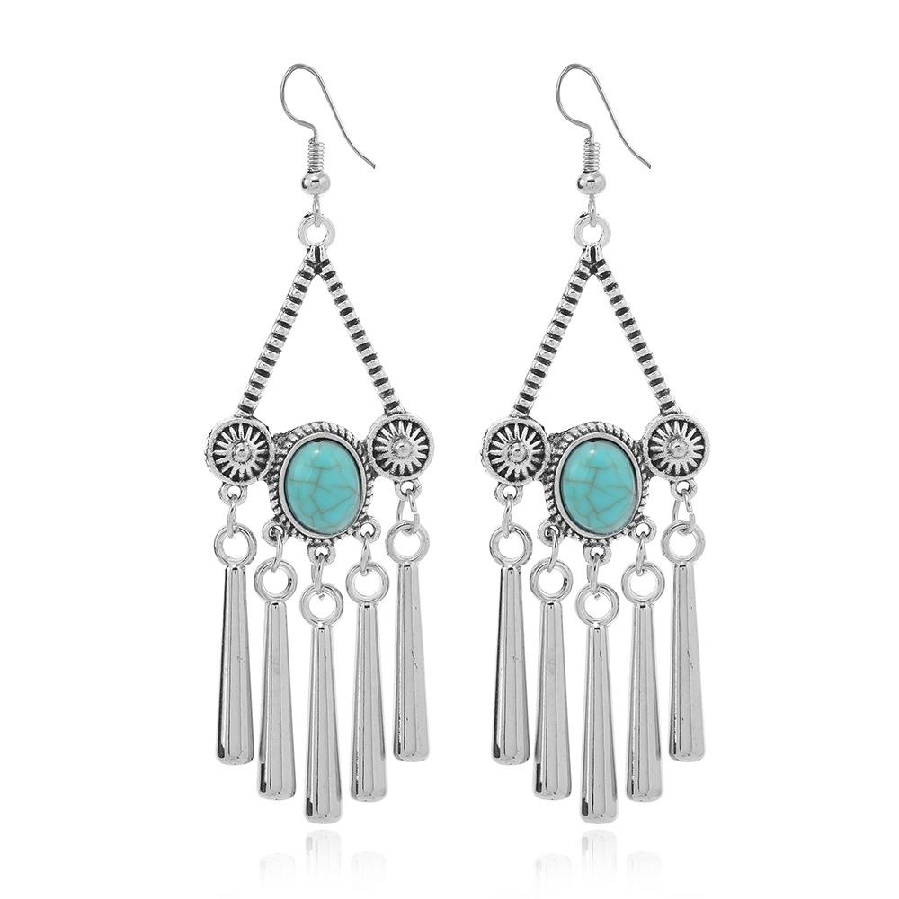 Vintage Ethnic Jewelry Bohemian Antique Silver Color Alloy Imitation Turquoise Tassel Earrings For Women's Party Accessories