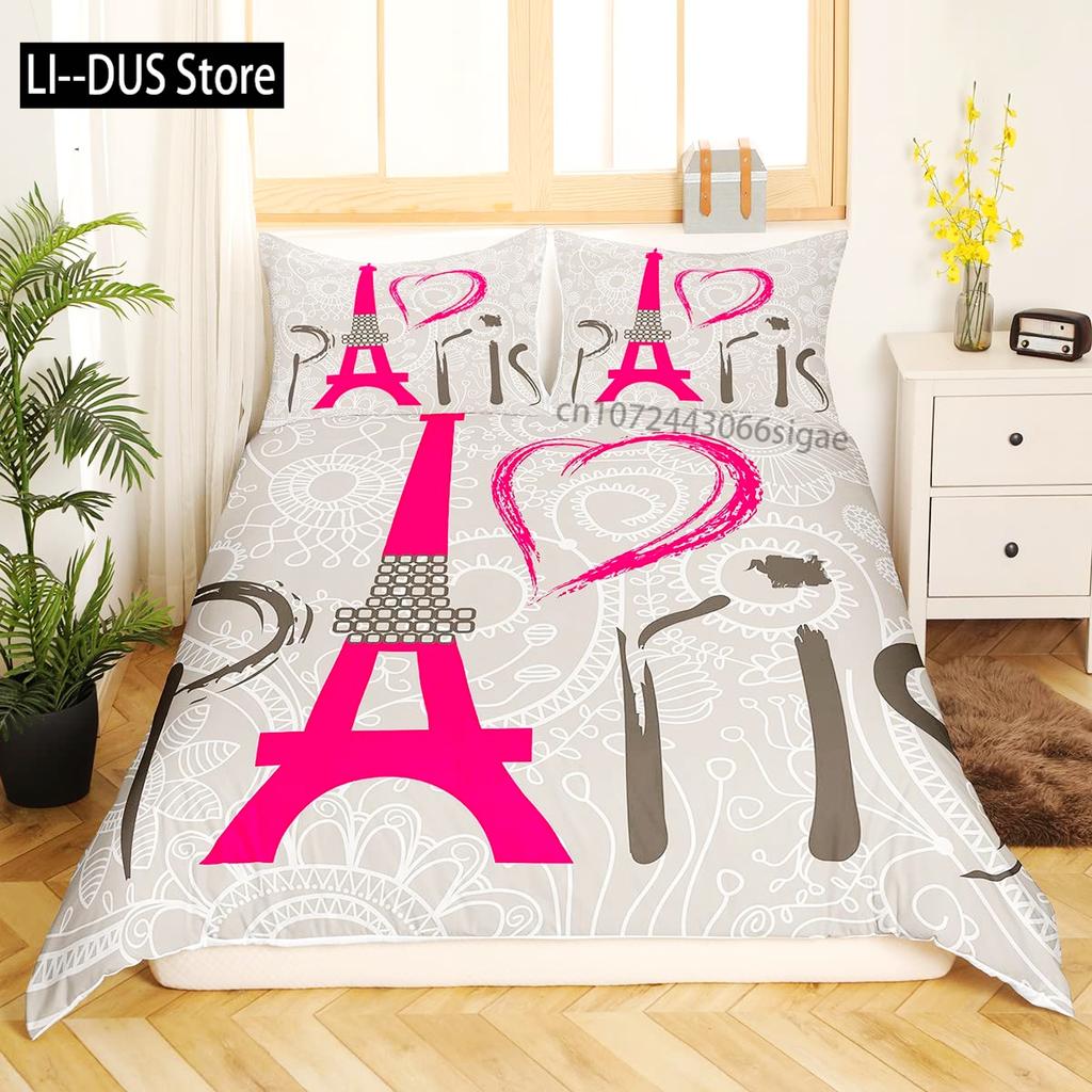 Eiffel Tower Duvet Cover Set King Size Paris Tower Bedding Set For Boy Girl Polyester Paris Cityscape Wooden Texture Quilt Cover