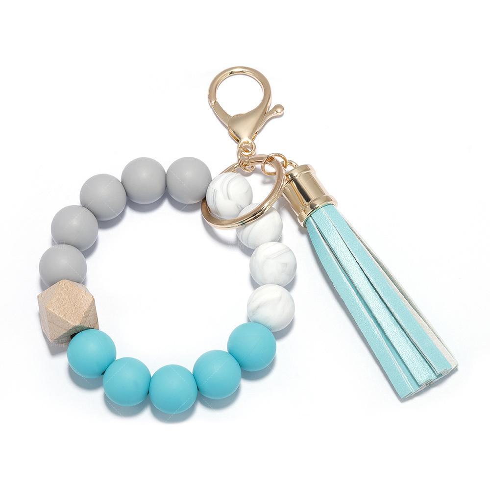 Elegant Silicone Bead Keychain Bracelet with Leather Tassel - Women's European and American Style