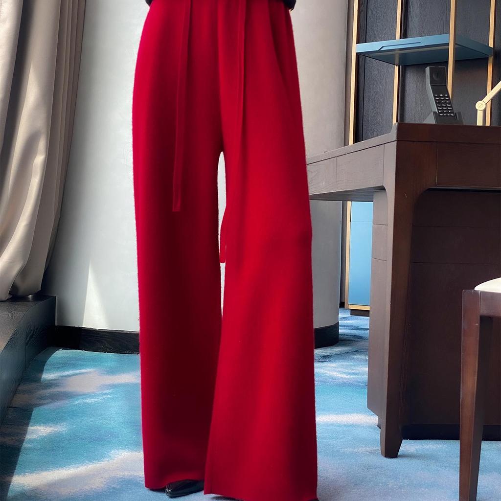 Women's Thickened Wool Knit High-Waisted Wide-Leg Floor-Length Pants for Autumn/Winter