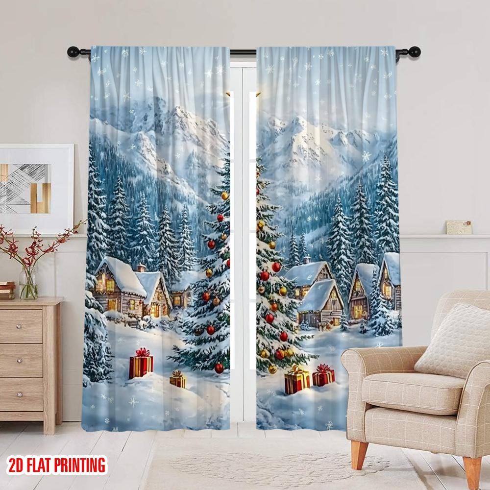Set Of 2 Flat Printing Christmas Party Curtain Polyester Without Electricity Holiday Decorations Perfect Made