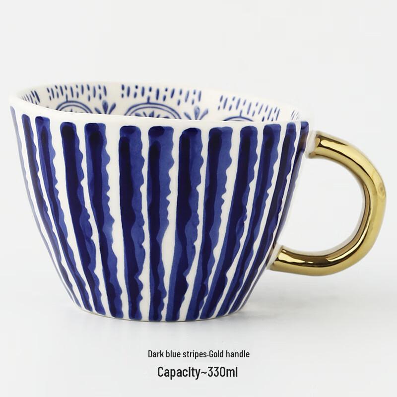 Wide Mouth Ceramic Coffee Mug with Geometric Gold Handle