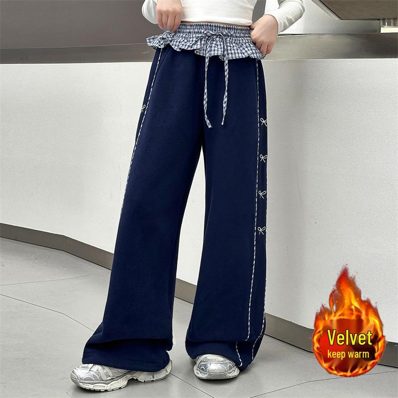 Girls' Fleece-Lined Wide-Leg Pants: Fashionable Autumn/Winter Children's Wear