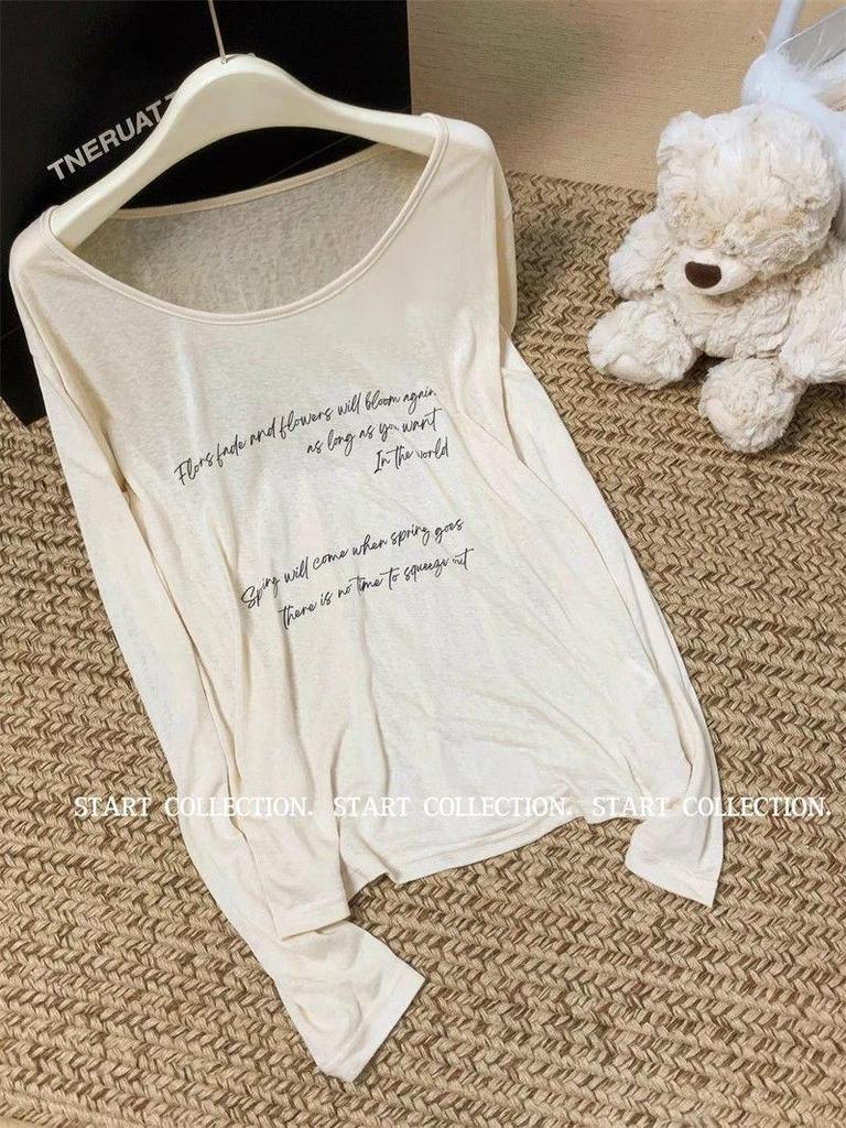 Damen Off-Shoulder Langarm T-Shirt mit Buchstabenaufdruck - Schlankmachend, Vielseitig, Sonnenschutz-Top