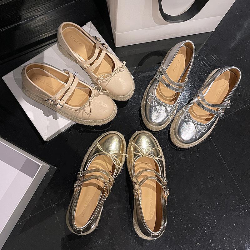 Hemp Woven Sole Belt Buckle Single Shoes Women's Genuine Leather 2025 New Thick Sole One-word Belt Shoes Small Height Increase Fisherman Shoes